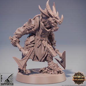 May include: A grey, pre-supported miniature of a dragon-like creature wearing armour and wielding two axes. The miniature is posed in a dynamic stance, ready for battle. The miniature is part of a set of fantasy miniatures for tabletop gaming.