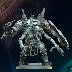 May include: A grey miniature figure of a biomechanical creature with multiple arms and mechanical attachments. The figure has a complex design with tubes, armour plating, and weapon-like appendages. The figure is standing on a grey base.