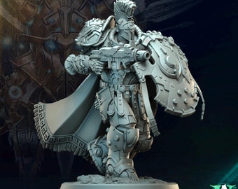 May include: A gray plastic miniature figurine of a futuristic warrior holding a gun and a shield. The figure is standing on a round base. The text "ARTEMIS VIGILATOR 2" is printed below the base. The text "HELLAS ETERNAL ARTEMIS RISING" is printed above the figure.