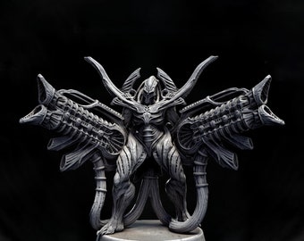 May include: A detailed, gray, 3D printed miniature of a humanoid figure with a skeletal, biomechanical design. The figure has two large, articulated cannons on its arms, and a base.