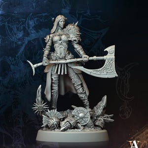 Human Female Fighter with Axe | Unpainted Miniature | 28mm,32mm,54mm,75mm,100mm Scales | Pathfinder Figure | DnD Mini  | Archvillain Games