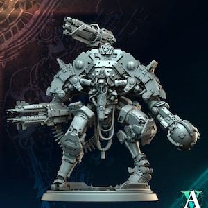 May include: A detailed, gray, mechanical robot figure with multiple gun barrels and a spherical hand. The robot has a complex design with visible gears, wires, and panels. The base of the figure has the text "A GAMES".