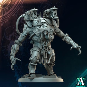 May include: A grey miniature figure of a cyborg-like creature with mechanical components and tubes. The figure has two large devices on its back and is posed with arms outstretched. The base is a light grey colour, and the background is dark.