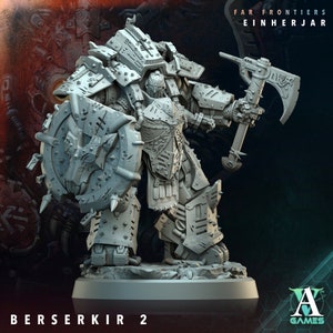 May include: A gray plastic miniature figurine of a heavily armored warrior holding a large axe and a shield. The warrior is standing on a gray base. The text "FAR FRONTIERS EINHERJAR" is at the top of the image and "BERSERKIR 2" is at the bottom of the image.