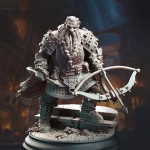 May include: A detailed figurine of a dwarf warrior, clad in ornate armor and holding a crossbow. The figure has a long, braided beard and is posed on a rocky base. The DM STASH logo is in the upper left corner.
