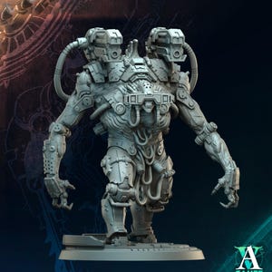 May include: A detailed, gray, futuristic robot figure with two heads and intricate mechanical details. The figure stands on a rectangular base, showcasing a blend of organic and technological elements. The image has a dark background with the "A GAMES" logo.