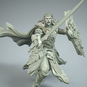 May include: A detailed 3D printed miniature of an elf warrior in a pose of attack. The elf is wearing intricately detailed armour with a flowing cape and holding a sword and shield.