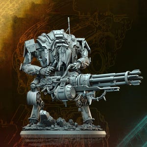 May include: A detailed, gray model of a futuristic war machine, featuring a large multi-barreled gun. The robot-like figure stands on a rocky base, with intricate mechanical details and a stylized design. The background has a dark, textured appearance.