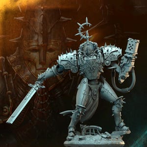 May include: A detailed, gray miniature figure of a warrior in ornate armor, holding a sword and a futuristic weapon. The figure is posed on a small base, with a detailed background featuring a face. The figure has spikes and intricate mechanical details.