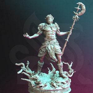 May include: A detailed, hand-painted miniature figurine of a male figure with a beard and horns, holding a staff with a crescent moon at the top. The figure is standing on a base with a detailed design of roots and skulls.