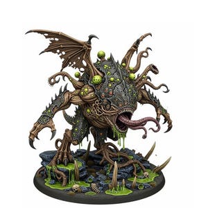 Op de afbeelding: Gedetailleerde miniatuurfiguur van een grotesk, veelpotig wezen met een gapende muil en een lange, roze tong. De figuur is geschilderd in bruin-, groen- en grijstinten, met een basis van rotsen en een plas groene vloeistof.