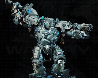 May include: A detailed, silver and blue robot figurine with a large sword and a gun. The robot is standing on a stone base with Greek-style designs.