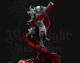 May include: A silver painted miniature of a vampire with red flowing fabric around it. The vampire is holding a red fabric in its right hand. The miniature is standing on a base of red swirling fabric. The base is on a stone base. The text "Bloodright Red Reign" is visible in the bottom left corner of the image.