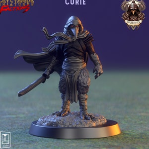 May include: A detailed miniature figure of a character named "Curie" from the "Clay Cyanide Miniatures Faction" collection. The figure is dark gray, with a bird-like mask, hooded cloak, and a sword. The base is dark gray with a rocky texture.