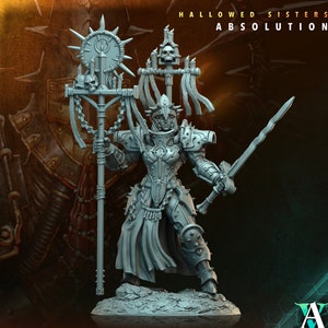 May include: A gray plastic miniature of a female warrior figure holding a staff with a skull and a chain. The figure is wearing armor and a long robe. The figure is standing on a rocky base. The text "HALLOWED SISTERS ABSOLUTION" is at the top of the image. The text "CROWNTHORN 5" is at the bottom of the image.