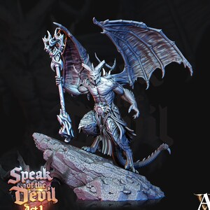 May include: A detailed, painted miniature of a demon with wings, holding a staff. The demon is standing on a rocky base. The miniature is part of the "Speak of the Devil Act 1" game.