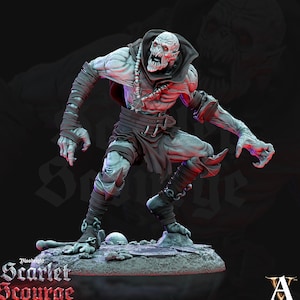 May include: A detailed miniature figure of a monstrous creature with pale skin, sharp teeth, and a menacing expression. The figure is posed in a dynamic stance, with one leg raised and its arms outstretched. The figure is wearing a dark cloak and leather straps, and is chained at the ankles. The figure is standing on a rocky base.