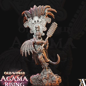 May include: A detailed, silver-colored miniature figurine of a feathered, reptilian creature with a skull-like headdress and a weapon. The figurine is standing on a rocky base. The text "Old World Agama Rising" is visible in the lower left corner of the image.
