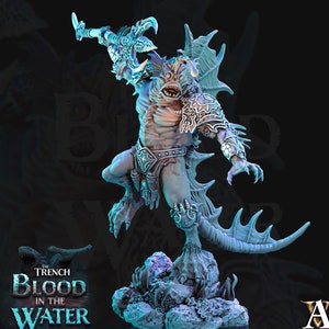 May include: A detailed miniature of a monstrous, aquatic creature with a reptilian body, sharp claws, and a fearsome expression. The creature is posed in a dynamic stance, holding a weapon in its hand. The miniature is painted in a light blue and gray color scheme, with hints of gold accents. The miniature is set on a base with a rocky texture and aquatic plants.