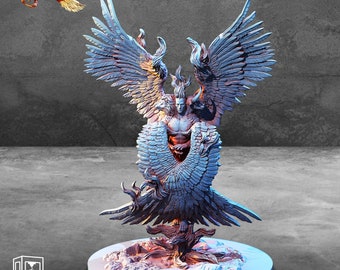 May include: A detailed 3D printed miniature of a Cherubim, a winged angel figure with a human-like body and large, feathered wings. The figure is posed with its wings spread out, and its head is tilted slightly upwards. The miniature is painted in a light blue and gray color scheme, and it is set on a circular base.