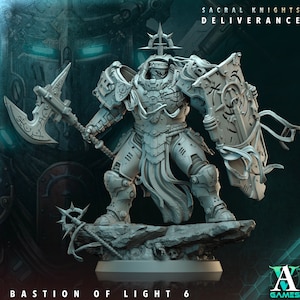 May include: A grey plastic miniature of a warrior figure with a large axe and shield. The figure is wearing armor and a flowing cape. The figure is standing on a rocky base. The text "SACRAL KNIGHTS DELIVERANCE BASTION OF LIGHT 6" is visible on the base.