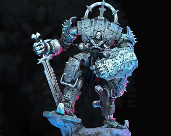 May include: A detailed, metallic gray robot figure with a skull-like head, holding a sword and a weapon. The robot has a large shield on one arm and stands on a rocky base. The figure is a 3D model.