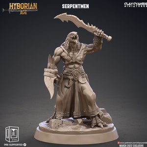 May include: A gray 3D printed miniature of a serpent man warrior holding a scimitar and a shield. The miniature is standing on a round base. The miniature is part of the Hyborian Age Serpentmen collection.