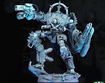 May include: A detailed grey and silver miniature of a robot with a human-like figure in the center. The robot has multiple arms and legs, and is standing on a rocky base.