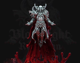 May include: A silver miniature figurine of a vampire lord with a red cape and a blood-splattered base. The figurine is standing on a stone base with the words "Bloodright Red Reign" printed on it. The figurine is part of the Bloodright Red Reign game.