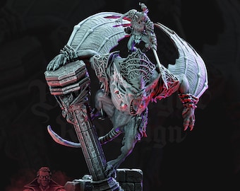 May include: A gray and white miniature figurine of a gargoyle with a human rider. The gargoyle has wings and a long tail. The rider is holding a sword. The figurine is set on a gray stone base.