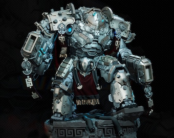 May include: A silver and gray robot with a red and gold cape stands on a stone base. The robot has a large gun in its right hand and a smaller gun in its left hand. The robot has a detailed design with many intricate details.