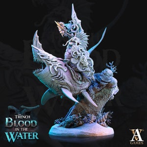 Sahuagin Trident and Shield mounted on Shark  | 28mm, 32mm Scales | Archvillain Games | Dungeons and Dragons Pathfinder Underwater Adventure