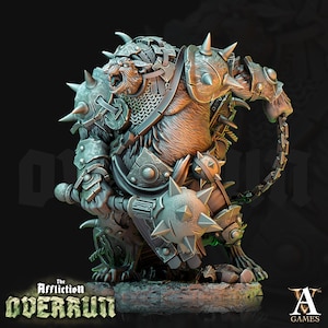 May include: A detailed miniature of a heavily armored, snarling, bear-like creature wielding a spiked mace. The miniature is painted in shades of brown, grey, and silver, and is set on a base of brown and green.