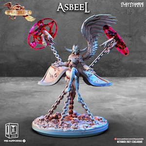 May include: A white, winged figure with horns sits on a throne of chains and skulls. The figure holds two glowing red rings with hands reaching out from them. The figure is labeled "Asbeel" and the image is titled "Before the Fall".