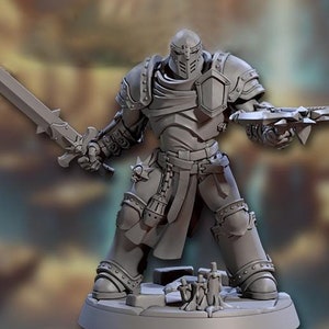 May include: A gray plastic miniature figurine of a knight wearing armor and holding a sword and a shield. The knight is standing on a round base with a textured surface.