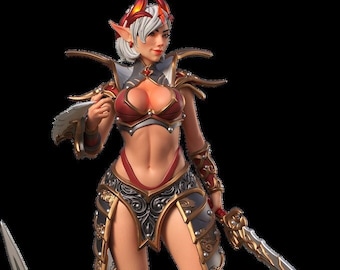 May include: A female elf warrior figurine with white hair, red and gold armor, and a sword and spear. She is standing on a base with skulls.