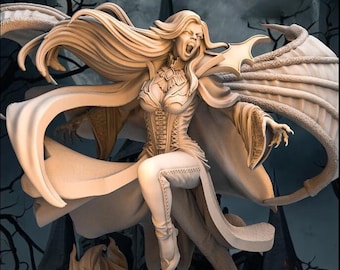 May include: A detailed, sculpted figurine of a female vampire with wings, wearing a flowing cape and a corset. She is posed in mid-flight, with her mouth open in a scream. The figurine is set on a base with a swirling, flame-like design.