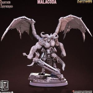 May include: A gray, detailed miniature of a demon with wings, horns, and a sword. The miniature is titled "MALACODA" and is a September 2022 exclusive from Clay Cyanide Miniatures.
