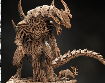 May include: A detailed brown sculpture of a dragon-like creature with a textured, organic appearance. The sculpture features sharp horns, a long tail, and a smaller deer figure at its base. The overall design suggests a fantasy theme.