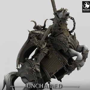 May include: A black and gold armored knight riding a white horse. The knight is holding a sword and has a cape. The horse is wearing armor and has a chain around its neck. The image is titled "Unchained Volume II".