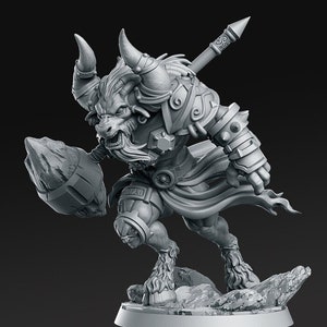 May include: A gray, detailed miniature figurine of a minotaur warrior holding a rock in one hand and a spear in the other. The minotaur is wearing armor and a flowing cape.