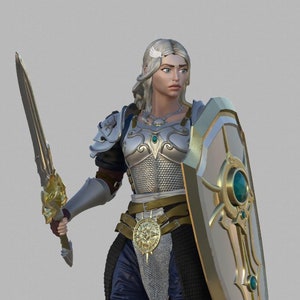 Female Paladin, Fighter Sword and Shield Plate Armor D&D 5e Mini | 28mm, 32mm,54mm,75mm,100mm Scales | Dungeons and Dragons Pathfinder |