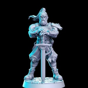 May include: A grey 3D printed miniature of a warrior figure holding a sword. The figure has a long beard, a ponytail, and is wearing armour with lion head details.