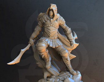May include: A gray, detailed figurine of a warrior wearing armor and a hooded cloak. The warrior is holding a sword and standing on a rocky base.