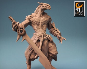 Miniatura de luchador Dragonborn / Guerrero espadachín / Figura de resina sin pintar para juegos de rol