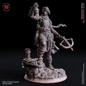 May include: A detailed miniature figurine of a female explorer, holding a lantern and a crossbow. She is wearing a hooded cloak, leather armor, and boots. The figurine is standing on a rocky base.
