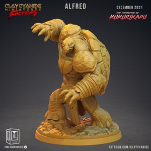 May include: A 3D printed miniature of a humanoid turtle creature with a shell on its back. The creature is standing on a rocky base and has a fierce expression on its face. The miniature is painted in a light brown color.