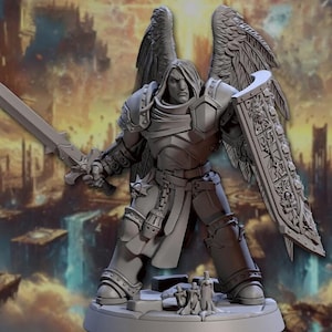 May include: A grey, detailed miniature of an angel warrior with wings, a sword, and a shield. The angel is wearing armour and a hooded cloak. The miniature is standing on a round base.
