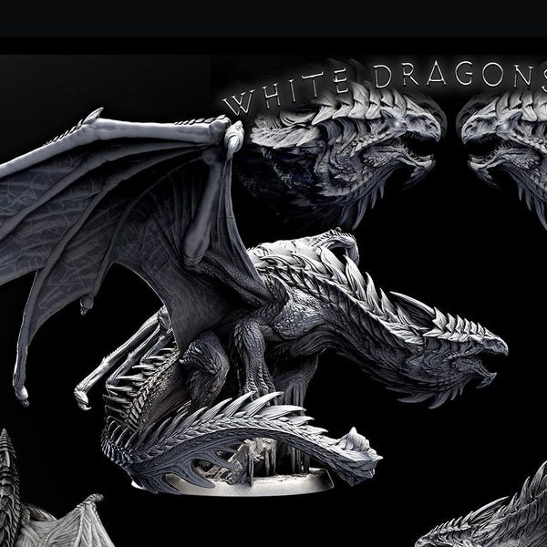 Legendarische chromatische witte draak (4 maten) D&D ongeverfd miniatuur | 231 mm spanwijdte | Harsbeeldje | 5e verkenner