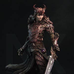 Peut inclure: Une figurine féminine vêtue d'une armure rouge et noire avec une épée et un casque à cornes. La figurine est debout sur un fond noir.